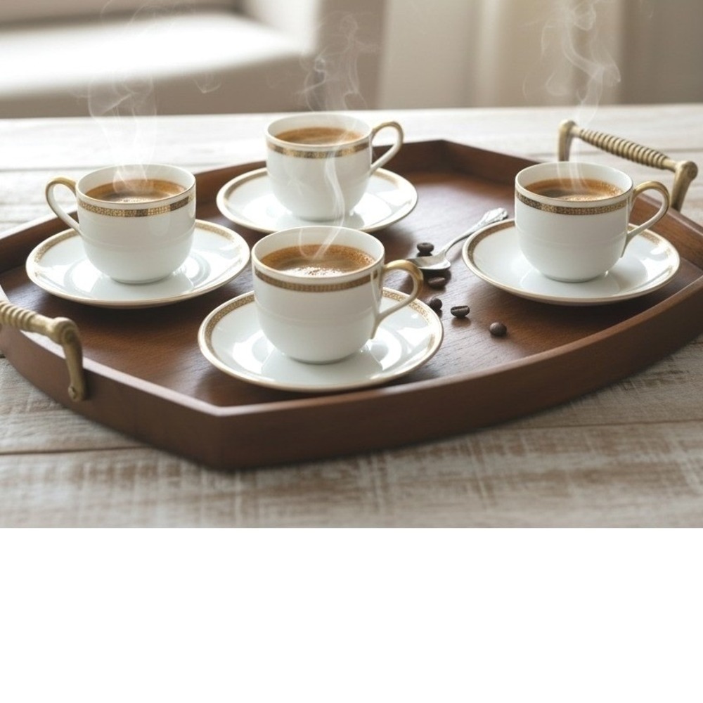 Vintage Noritake Espresso Cup Saucer Set, 8 Pcs, Porcelain Gold Greek Key Trim